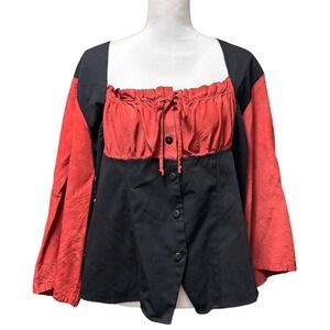 Adrian Jordan Color Block Button Front Top Red Black Boho Artsy Renaissance Top